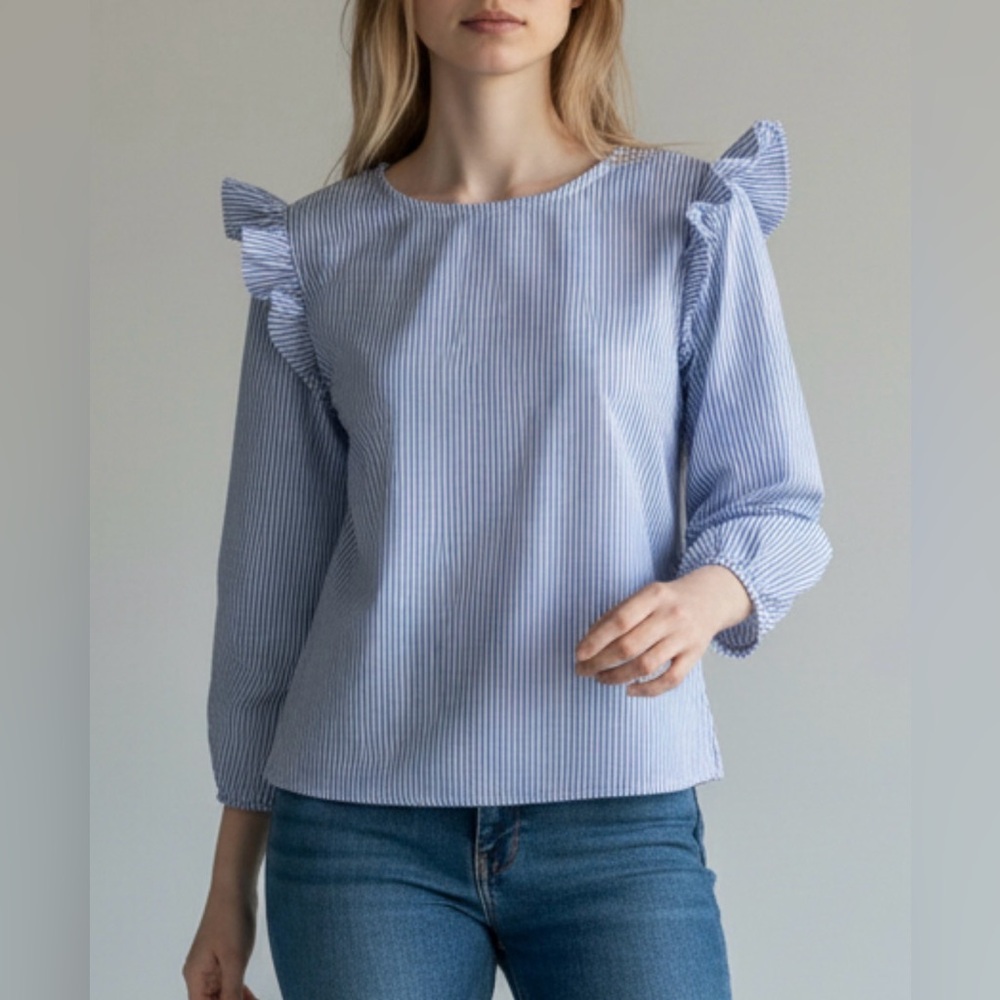 J. Crew Blue and White Striped Blouse with Ruffle Sleeves
